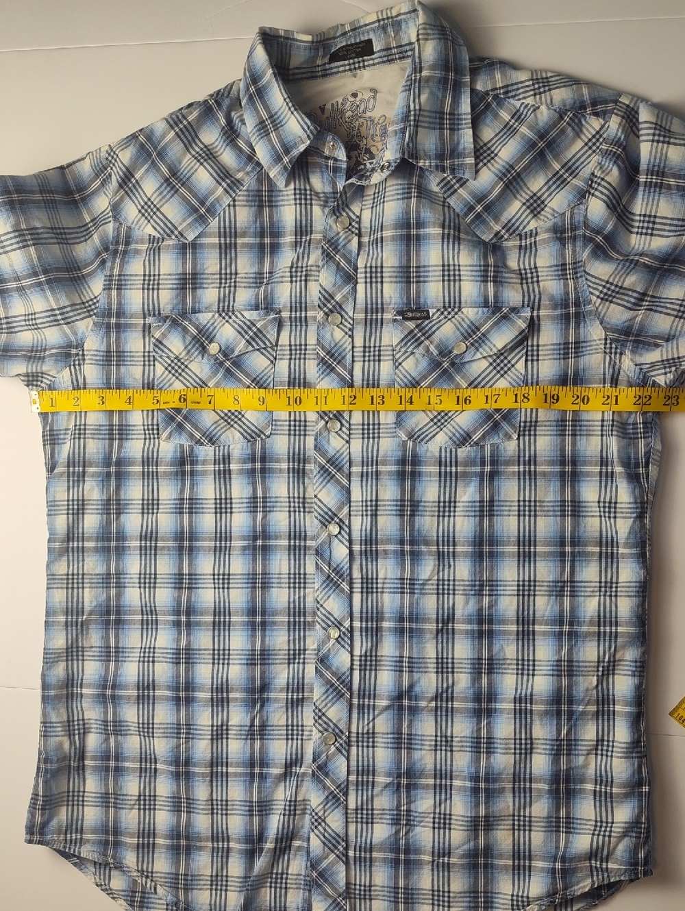 Bullhead Men’s Blue Plaid Western Pearl Snap Short Sleeve Shirt Large - Picture 4 of 7